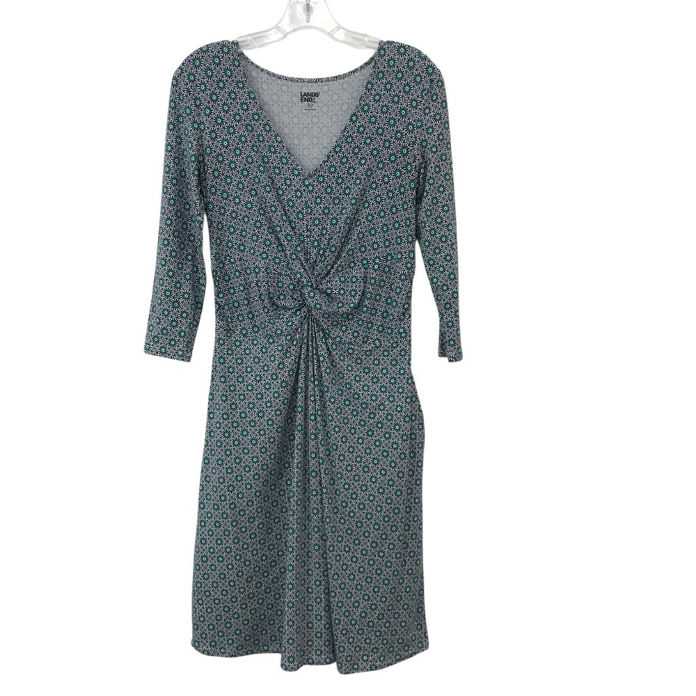 Lands' End V Neck Floral Print Fit & Flare Dress Size XSmall Blue/Green